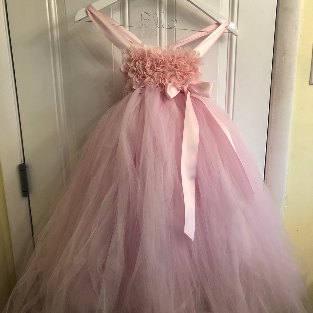 Costume made Pink Tulle Flower Girl Formal Dress with Satin Bow